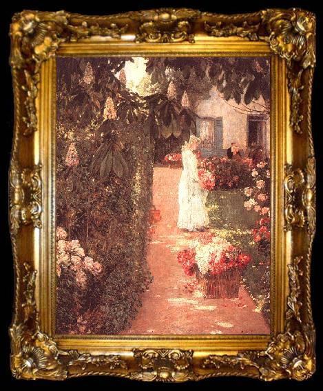 framed  Childe Hassam Gathering Flowers in a French Garden, ta009-2